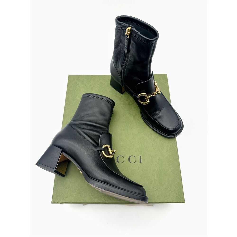 GUCCI Baby Bit Black Leather Boot Size 37 Mid Heel Bootie Square Toe Horsebit - Picture 2 of 12